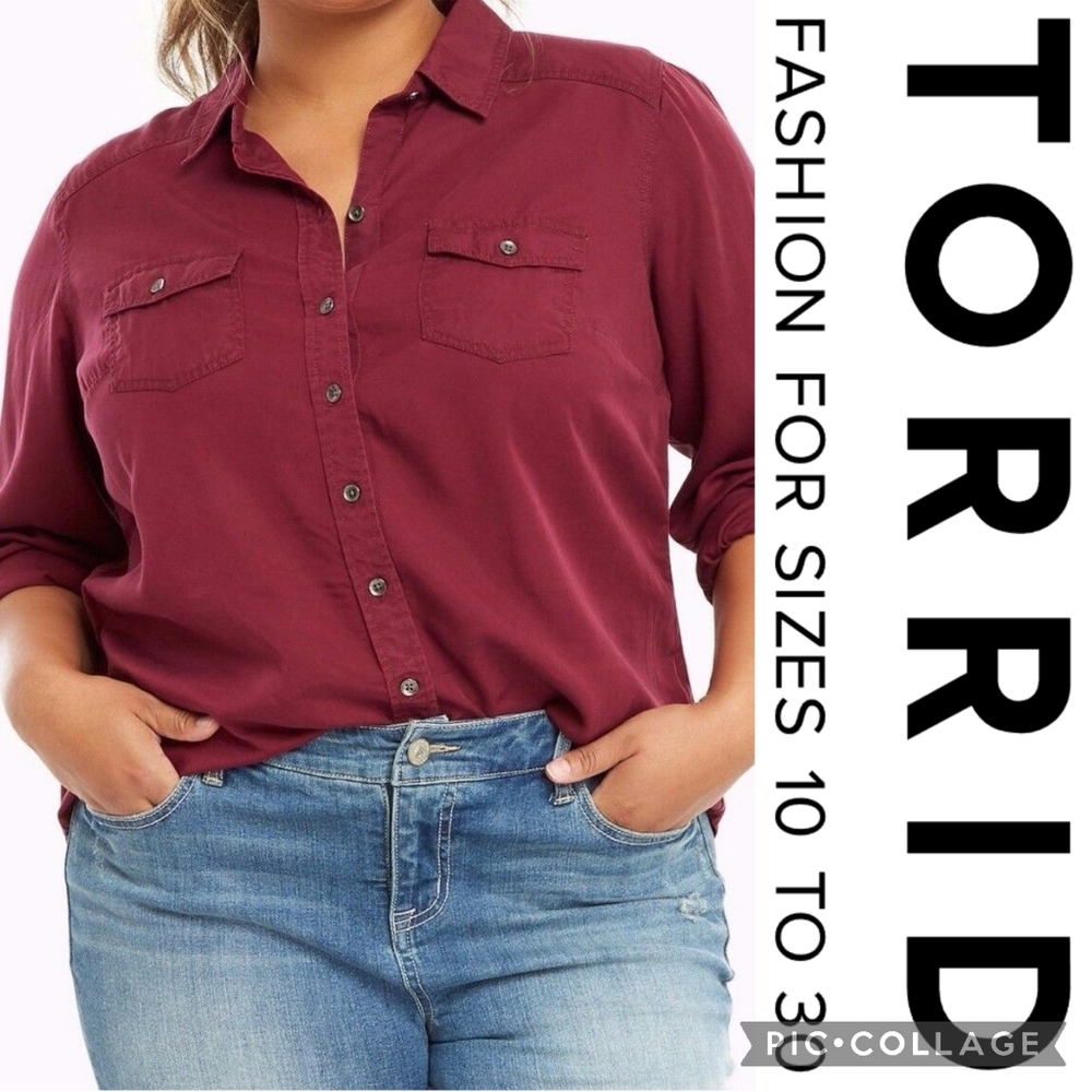 Torrid 2X Tencel Camp Button-Down Shirt — Deep Merlot